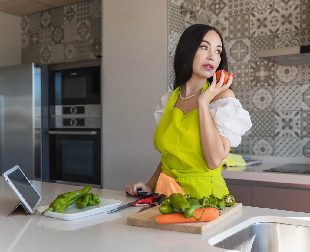 Claire Sterling, author of Bliss Batter, thoughtfully looking to the side while holding a fresh tomato in her kitchen.