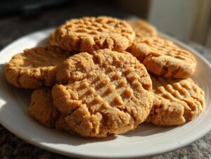 A close-up of a plate piled high with classic 3 ingredient peanut butter cookies, showing the signature fork marks.