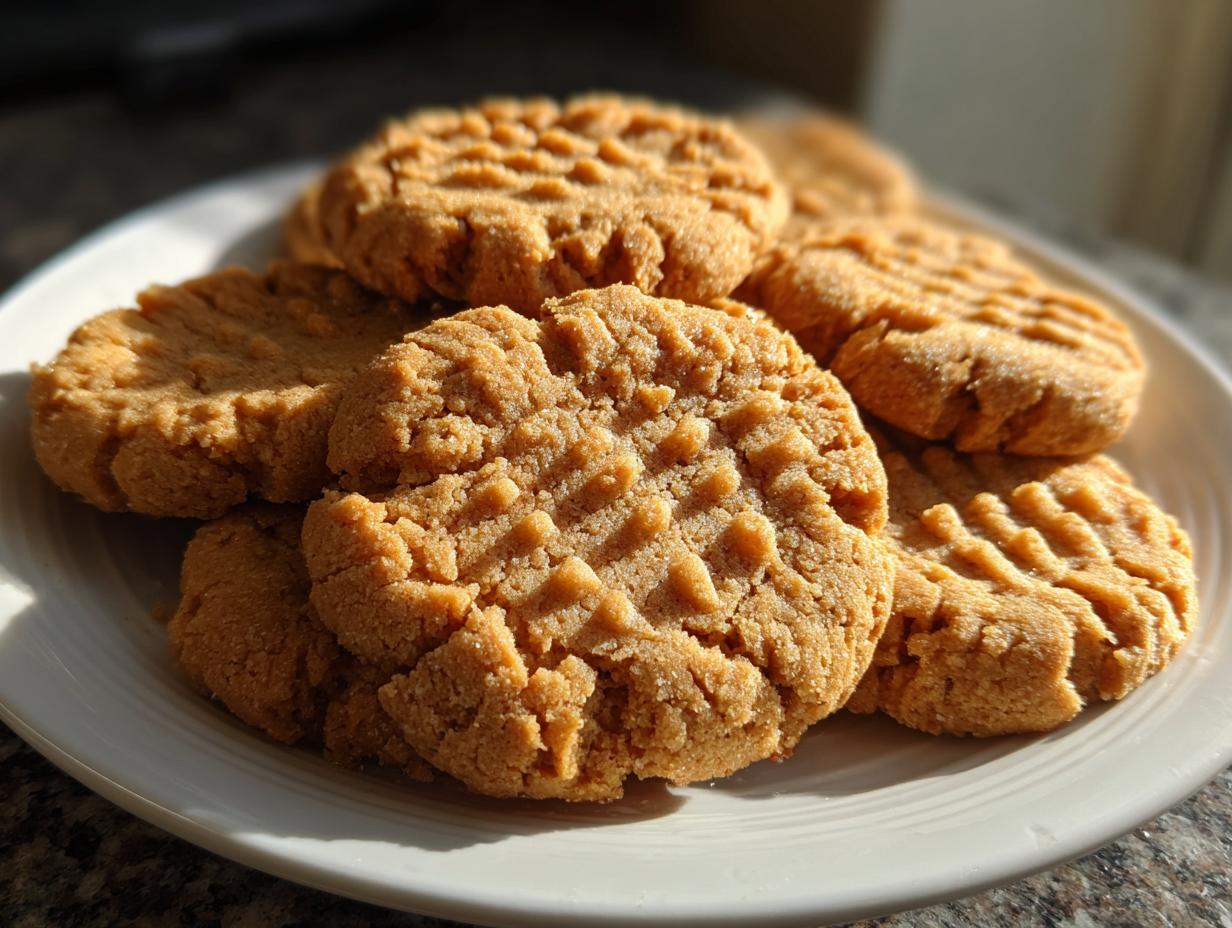 A close-up of a plate piled high with classic 3 ingredient peanut butter cookies, showing the signature fork marks.