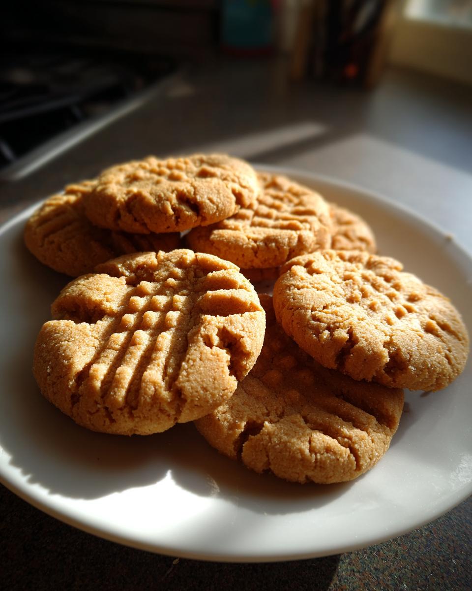 A plate of freshly baked 3 ingredient peanut butter cookies with classic fork marks.