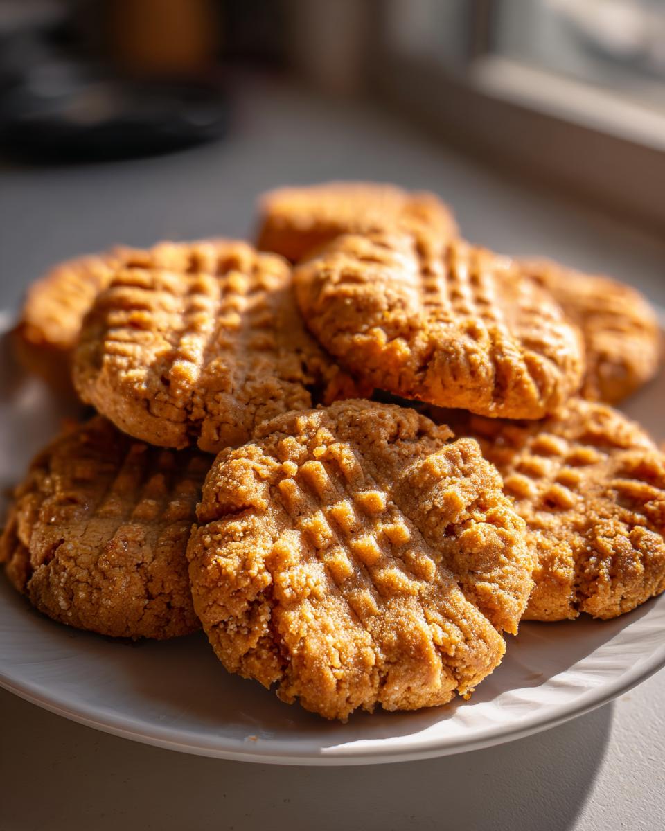 A close-up shot of a stack of golden brown 3 ingredient peanut butter cookies with classic fork marks on a white plate.