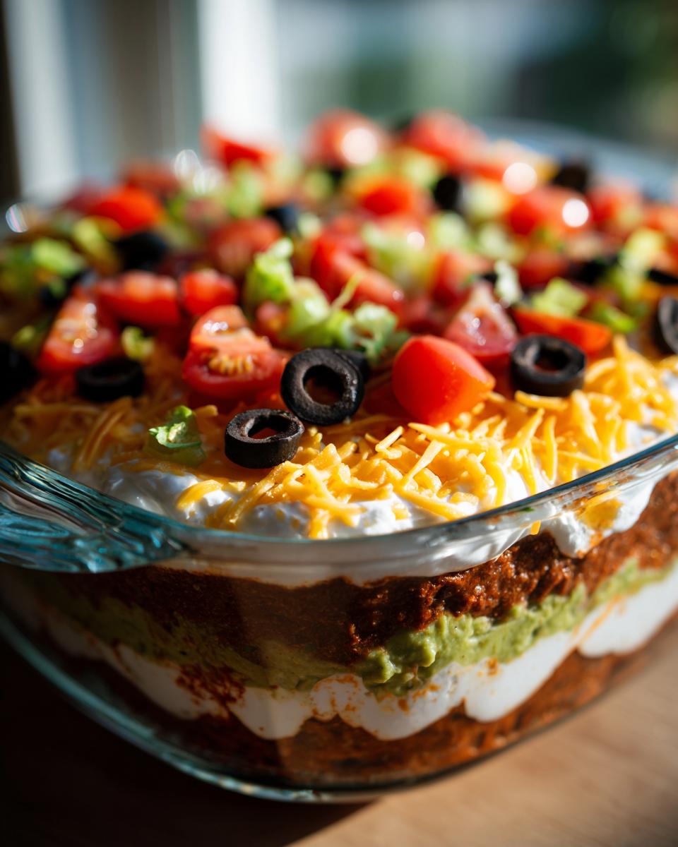 A close-up view of a vibrant 7-layer dip in a clear glass dish, topped with tomatoes, olives, lettuce, and cheese.