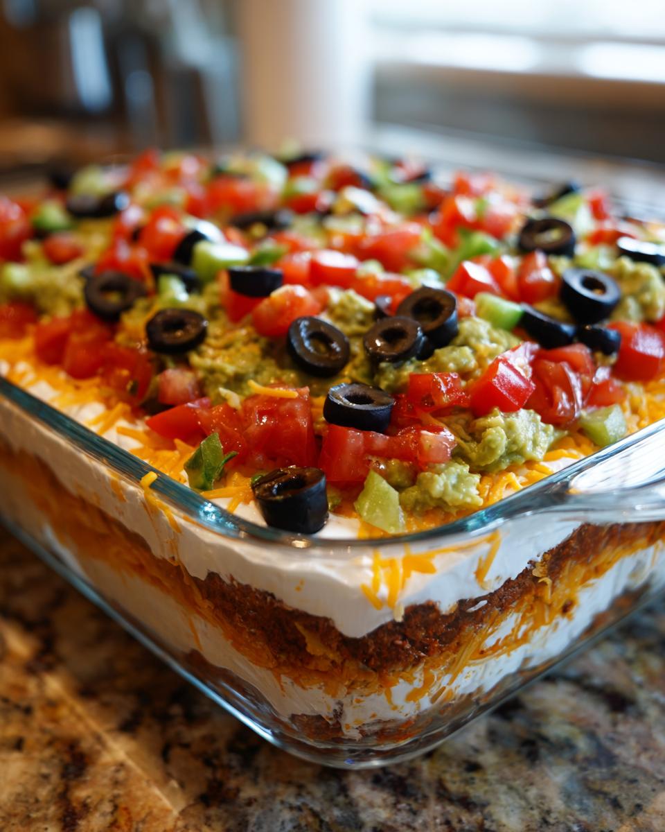 A close-up of a 7-layer dip in a glass dish, topped with tomatoes, olives, and guacamole.