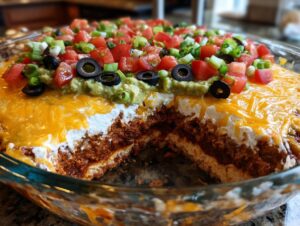 A close-up view of a freshly made 7-layer dip in a glass dish, showcasing all seven colorful layers.