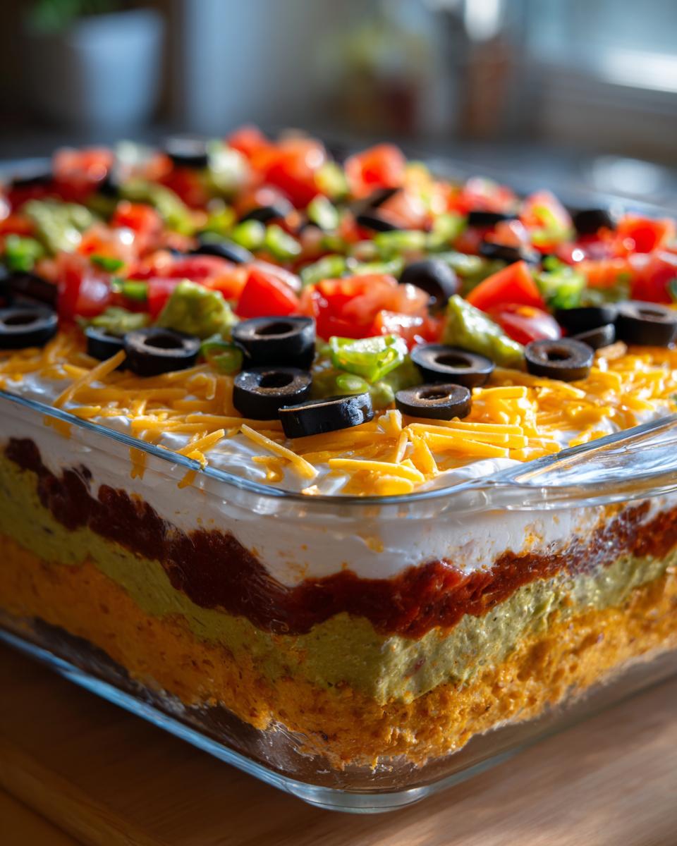 A close-up view of a freshly made 7-layer dip in a glass dish, topped with tomatoes, olives, and cheese.