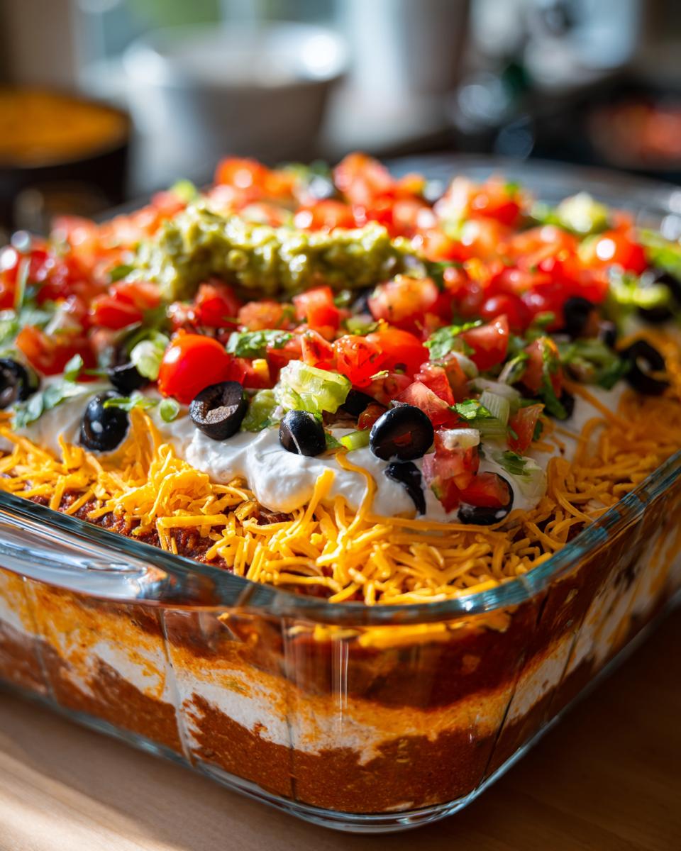 A close-up view of a vibrant 7-layer dip in a clear glass dish, topped with guacamole, tomatoes, olives, and cheese.