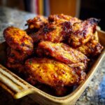 A close-up shot of a bowl filled with golden-brown, crispy air fryer chicken wings.