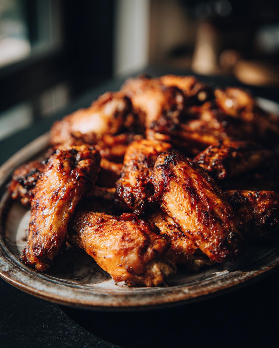 A close-up of a plate piled high with golden-brown, crispy air fryer chicken wings.