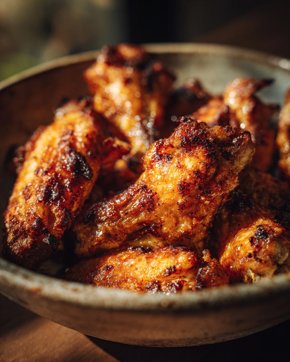 A close-up, mouth-watering shot of crispy air fryer chicken wings in a bowl.