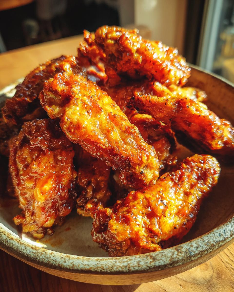 A close-up shot of a bowl filled with crispy, glazed air fryer chicken wings.