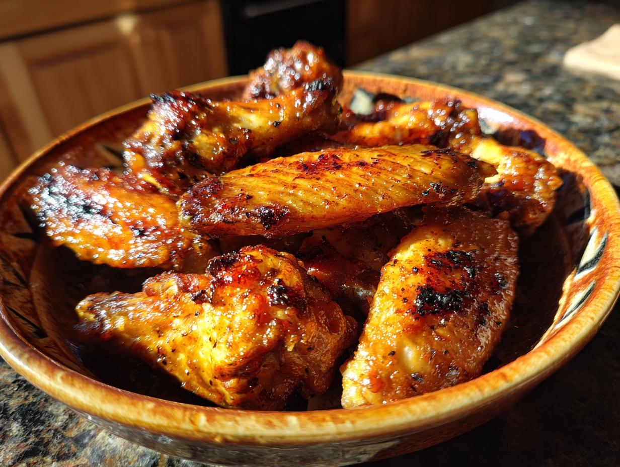 Close-up of golden brown, crispy air fryer chicken wings piled high in a rustic bowl.
