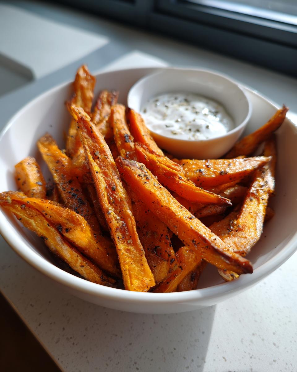 A bowl of golden-brown air fryer sweet potato fries seasoned with herbs, served with a creamy dip.