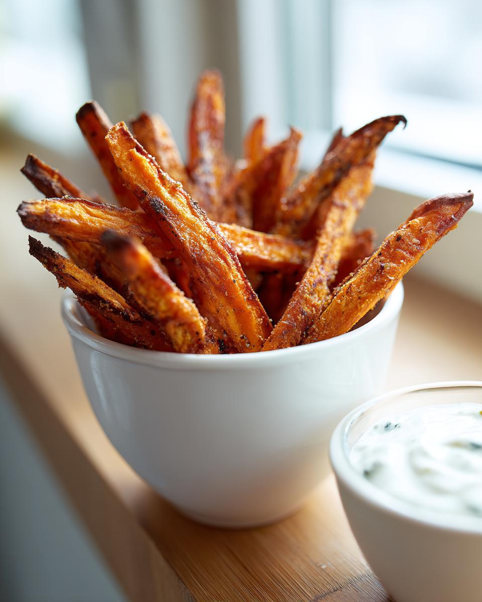A bowl of perfectly cooked air fryer sweet potato fries with a side of dipping sauce.
