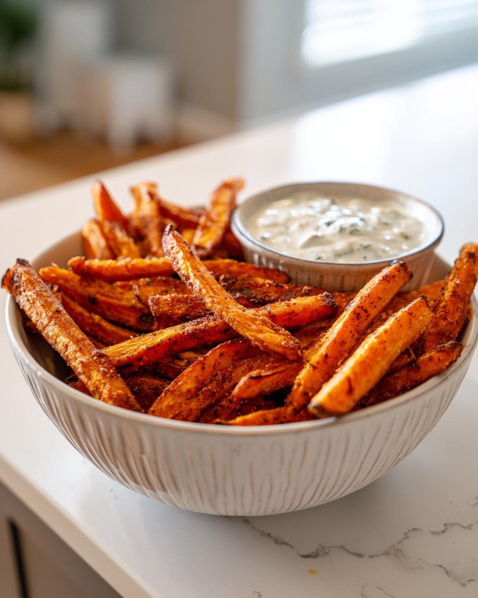 A bowl of seasoned air fryer sweet potato fries served with a creamy herb dip.