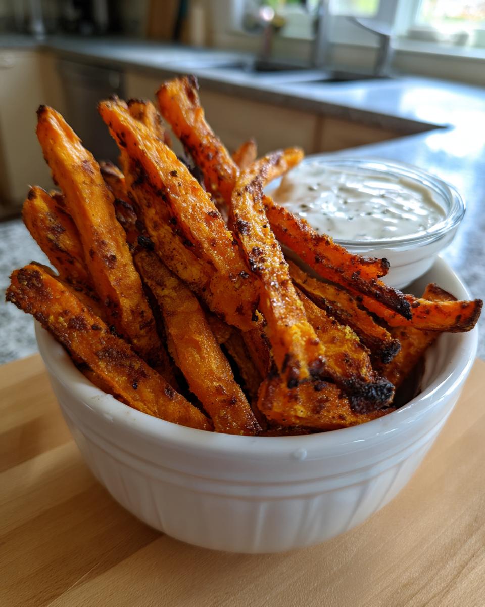 A bowl of perfectly crispy air fryer sweet potato fries served with a creamy dipping sauce.