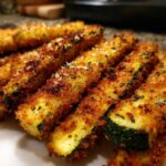 Close-up of golden brown, breaded air fryer zucchini fries sprinkled with herbs and cheese.