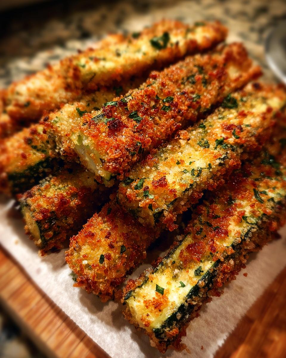 A close-up shot of golden-brown, crispy air fryer zucchini fries sprinkled with fresh parsley.