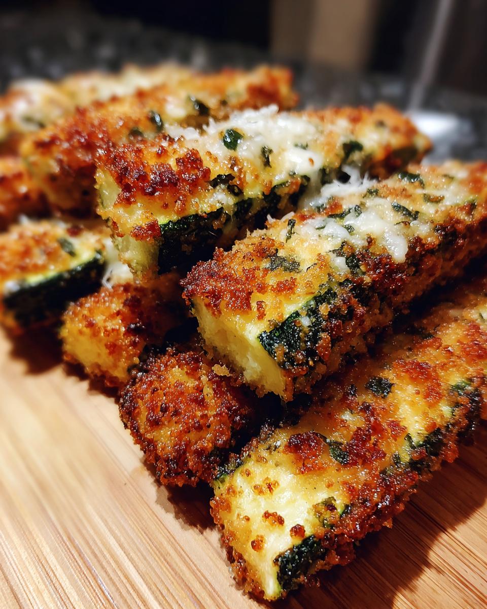 A close-up of golden-brown air fryer zucchini fries, coated in breadcrumbs and herbs, piled on a wooden surface.
