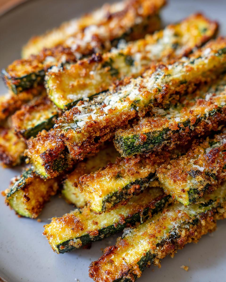 A close-up shot of a pile of crispy air fryer zucchini fries, coated in breadcrumbs and parmesan cheese.