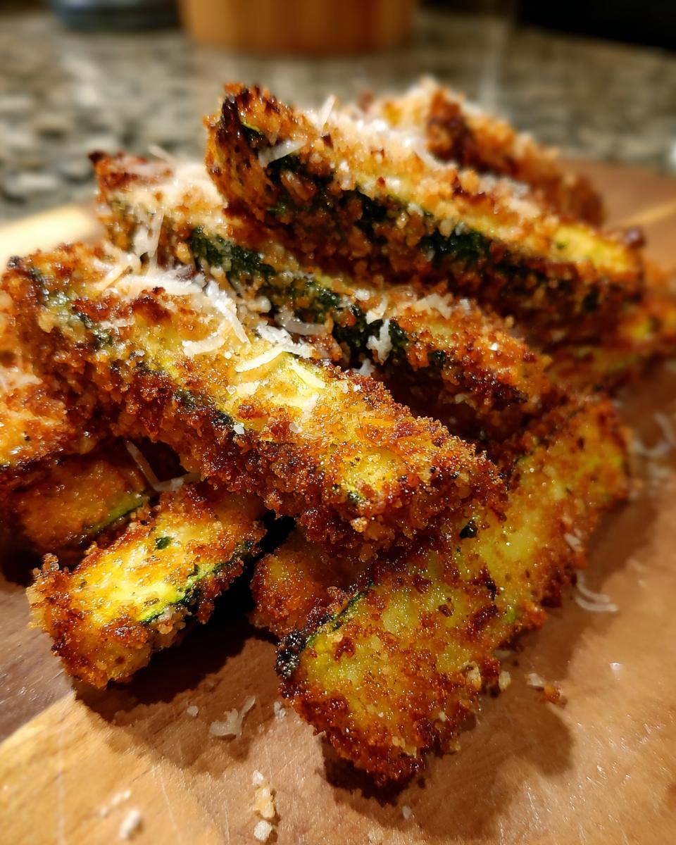 A close-up of golden brown, crispy air fryer zucchini fries sprinkled with grated Parmesan cheese.