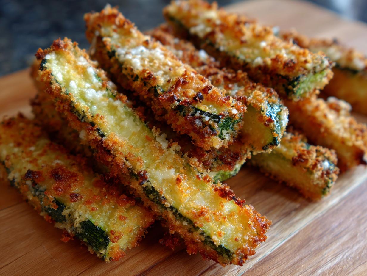 A close-up of a stack of golden-brown, crispy air fryer zucchini fries on a wooden board.