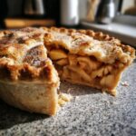 A close-up of a freshly baked apple pie with a slice removed, showcasing the flaky crust and apple filling.