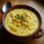 A close-up of a rustic brown bowl filled with creamy Amazing Corn Chowder, topped with fresh corn kernels and chives.
