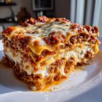 A generous slice of delicious lasagna, showcasing layers of pasta, rich meat sauce, creamy cheese, and a sprinkle of herbs.