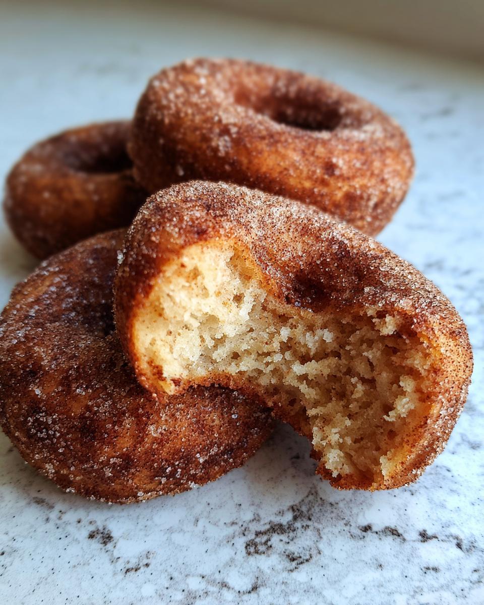 A close-up of a pile of apple cider donuts, one of which has a bite taken out, revealing a fluffy interior.