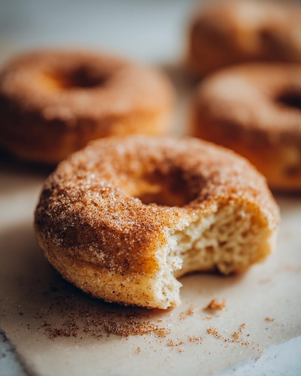 Close-up of a bite taken out of a fluffy apple cider donut coated in cinnamon sugar.