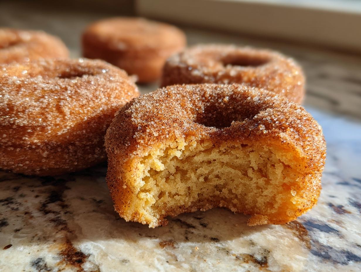 Close-up of a bite taken out of a perfectly baked apple cider donut, coated in cinnamon sugar.
