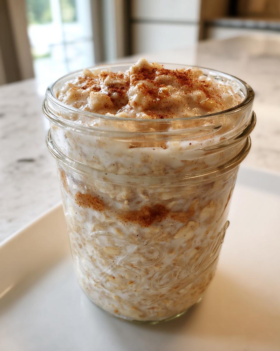 A close-up of apple cinnamon overnight oats in a glass jar, topped with a sprinkle of cinnamon.