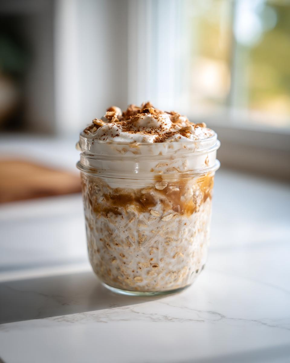 A close-up of apple cinnamon overnight oats in a mason jar, topped with cream and cinnamon.