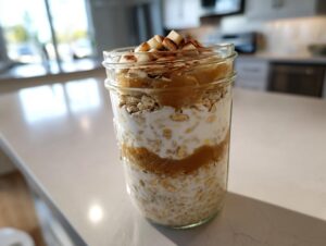 A close-up of apple cinnamon overnight oats layered in a mason jar, topped with diced apples and cinnamon.