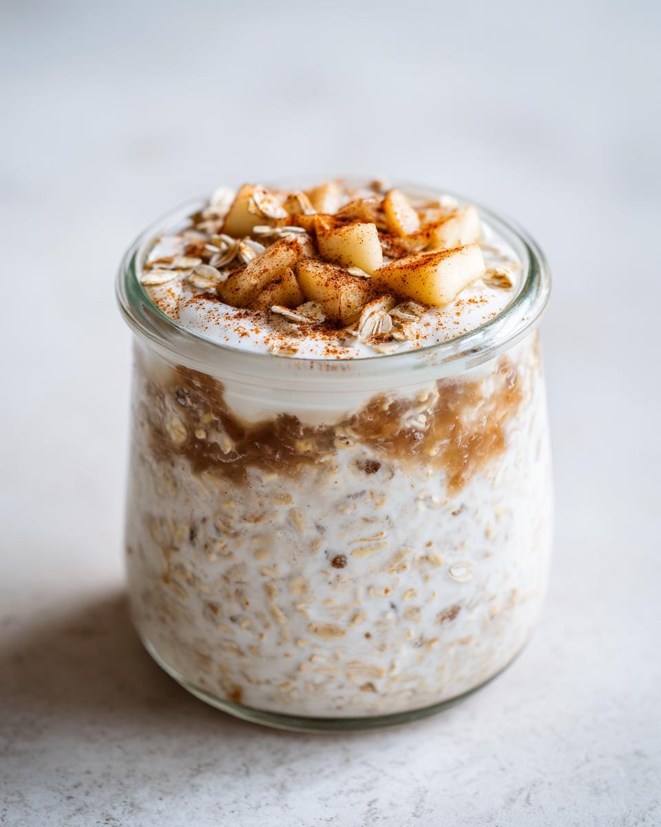 A close-up of apple cinnamon overnight oats in a glass jar, topped with yogurt, diced apples, oats, and cinnamon.