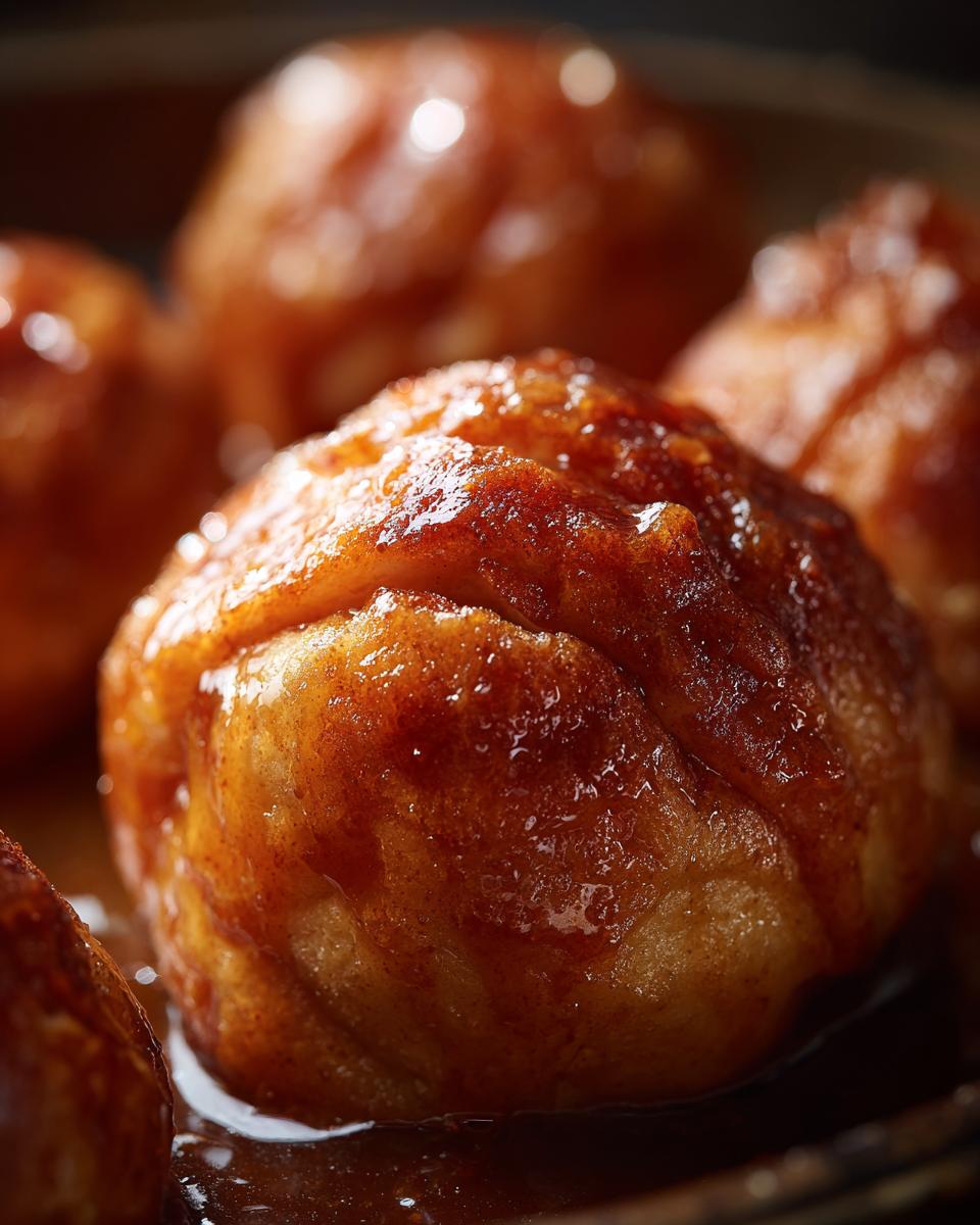 A close-up, detailed view of warm, glistening apple dumplings coated in a rich, syrupy glaze.