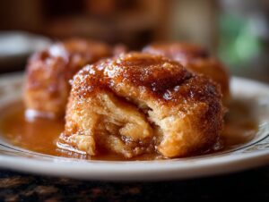Close-up of a tender apple dumpling, coated in a glistening cinnamon-sugar syrup, on a white plate.