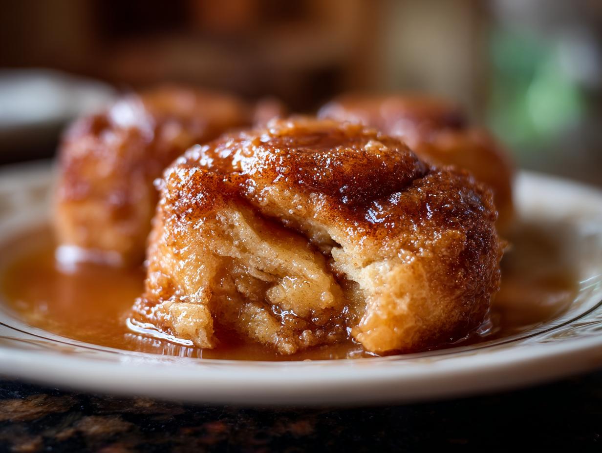 Close-up of a tender apple dumpling, coated in a glistening cinnamon-sugar syrup, on a white plate.