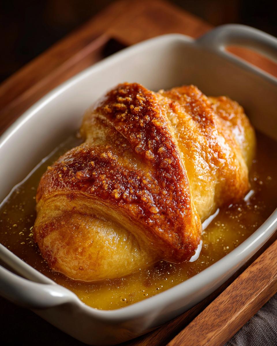 A close-up of a single, golden-brown apple dumpling nestled in a sweet, amber syrup in a white baking dish.