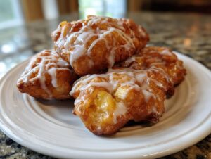 A close-up of a stack of golden-brown apple fritters drizzled with white glaze.