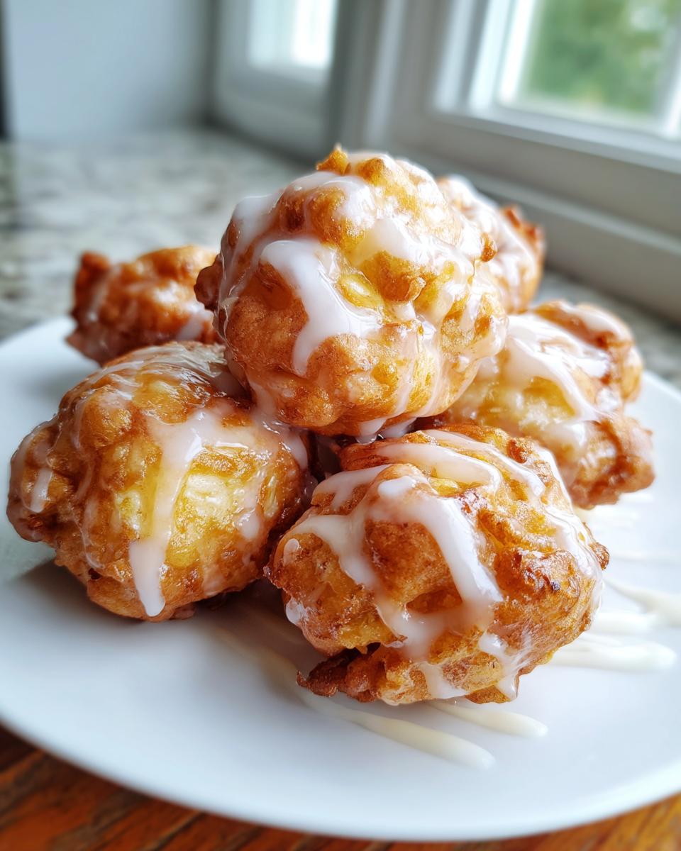 A close-up of a pile of golden brown apple fritters drizzled with a white glaze on a white plate.