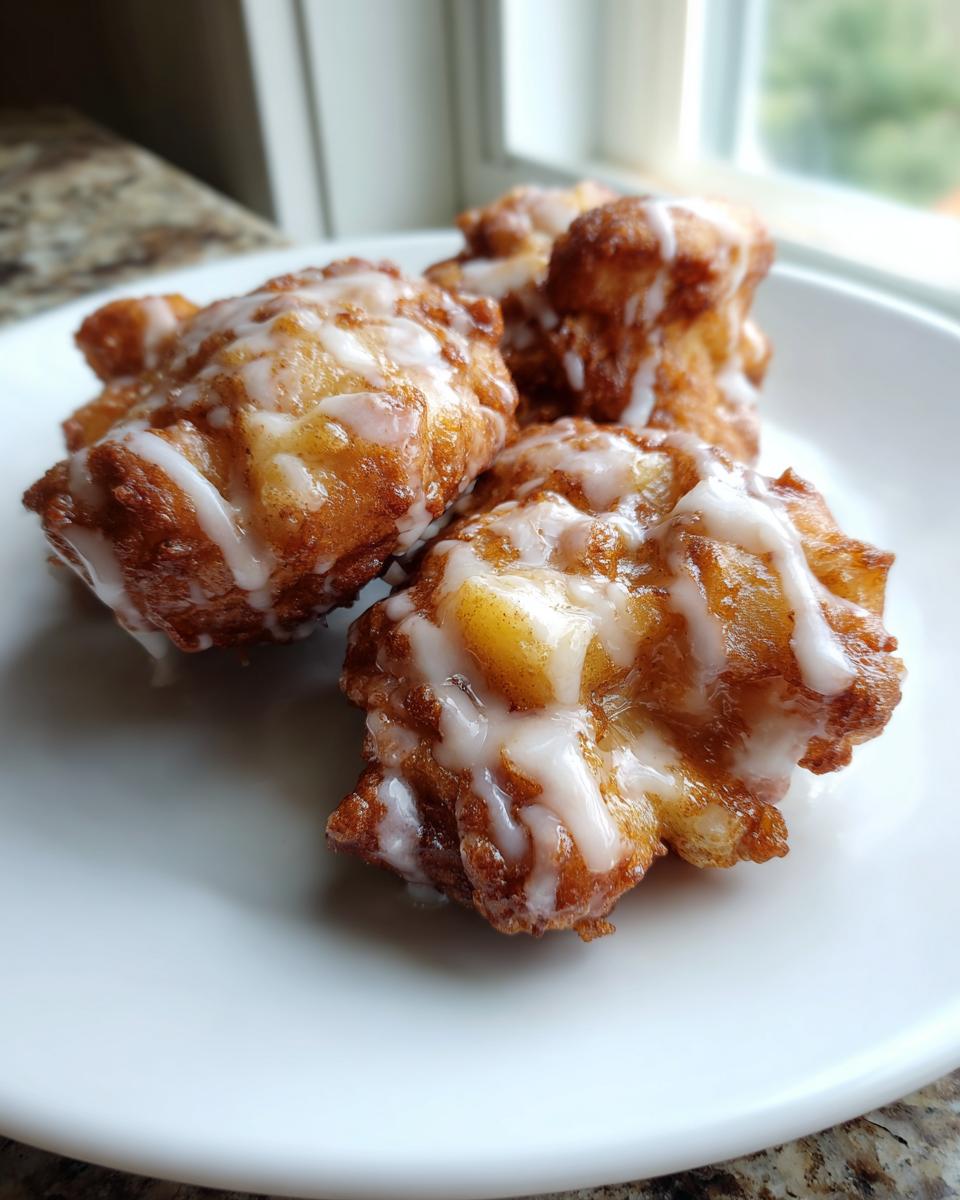 Close-up of three golden-brown apple fritters drizzled with white glaze on a white plate.
