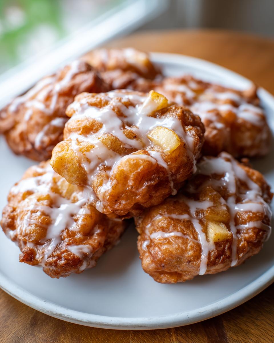 A close-up of several golden-brown apple fritters drizzled with a white glaze on a white plate.