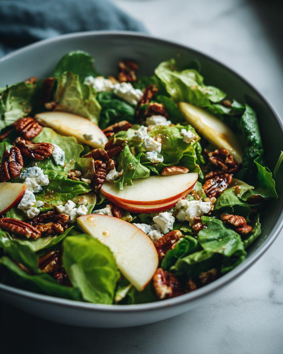 Close-up of a bowl of Apple Pecan Salad with fresh apple slices, crunchy pecans, and crumbled blue cheese.