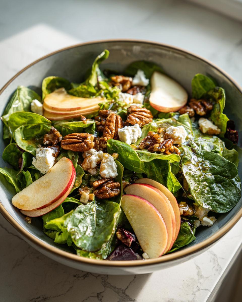 Close-up of a refreshing Apple Pecan Salad with spinach, apple slices, pecans, and feta cheese.