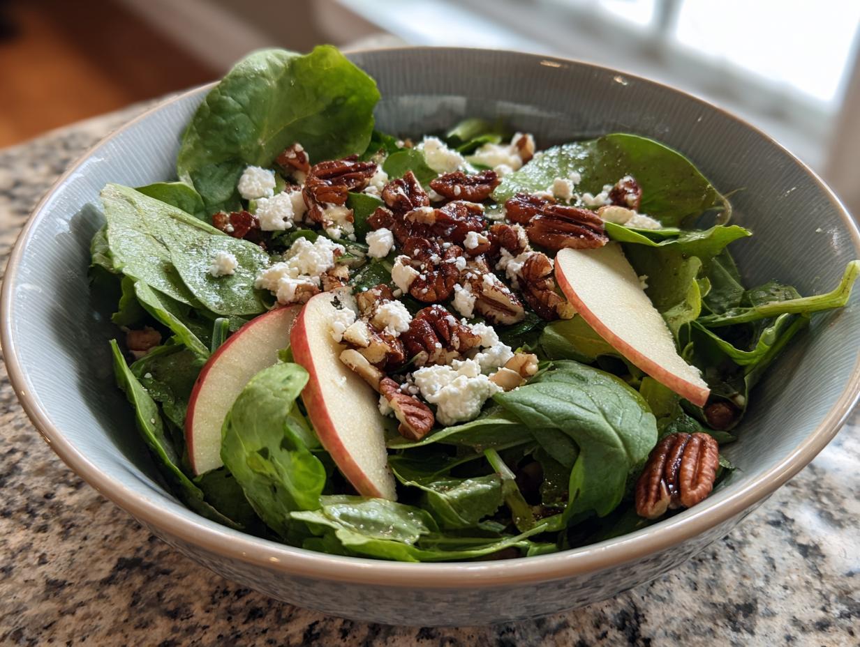A close-up of a refreshing Apple Pecan Salad with spinach, sliced apples, crumbled feta, and candied pecans.