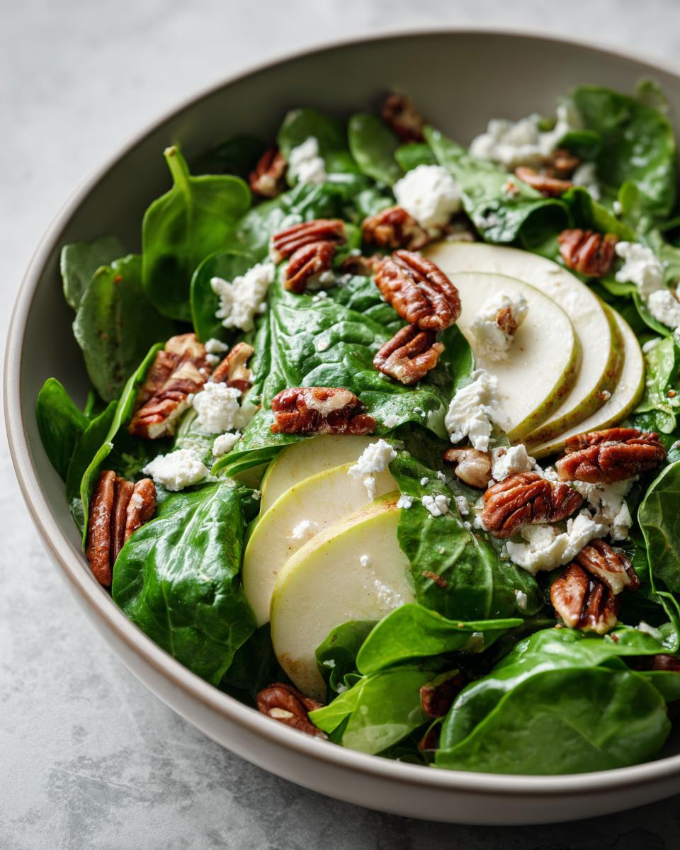 A close-up of a fresh Apple Pecan Salad with spinach, sliced pears, crumbled feta cheese, and whole pecans.