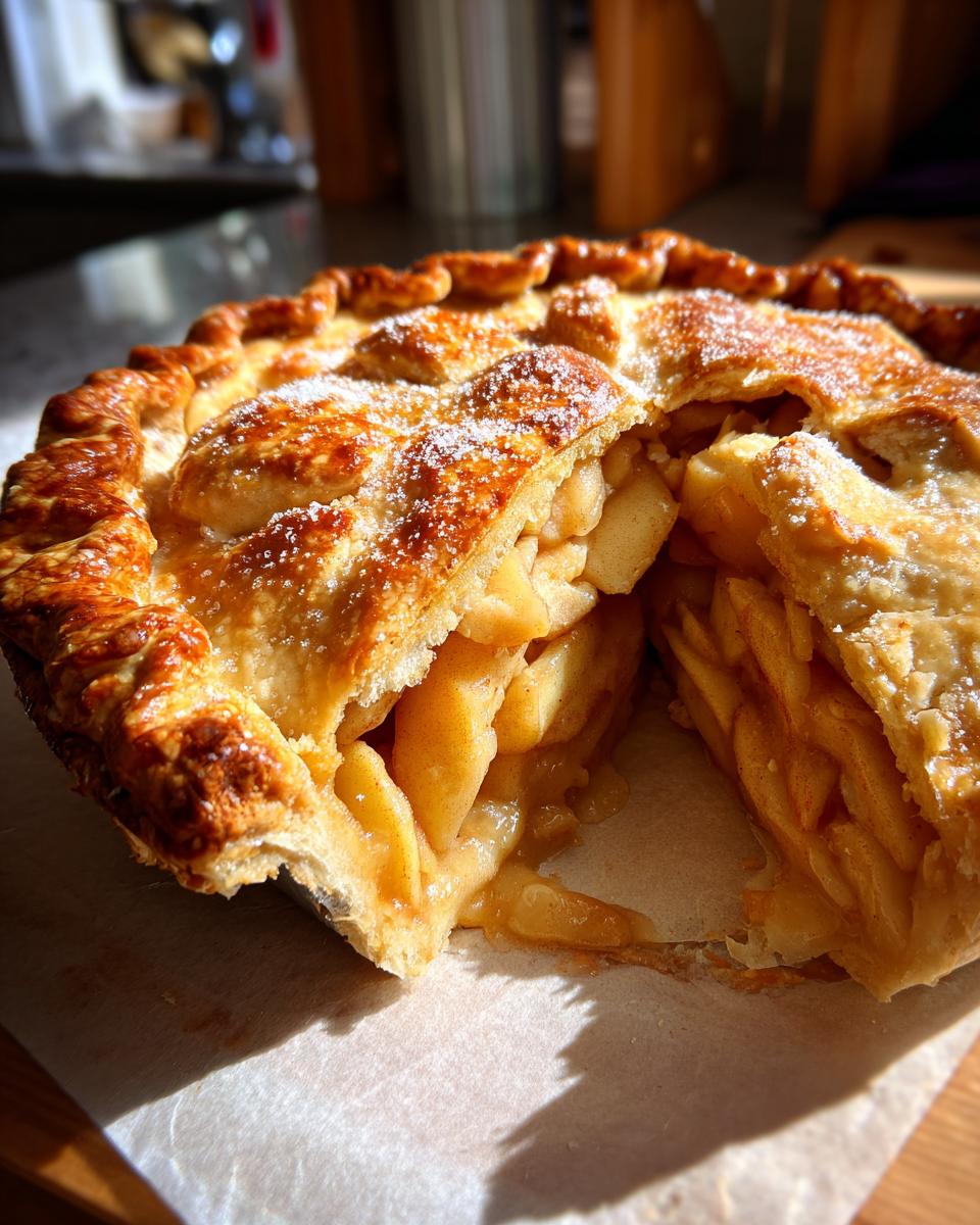 Close-up of a freshly baked apple pie with a golden, flaky crust and a generous filling of sliced apples.