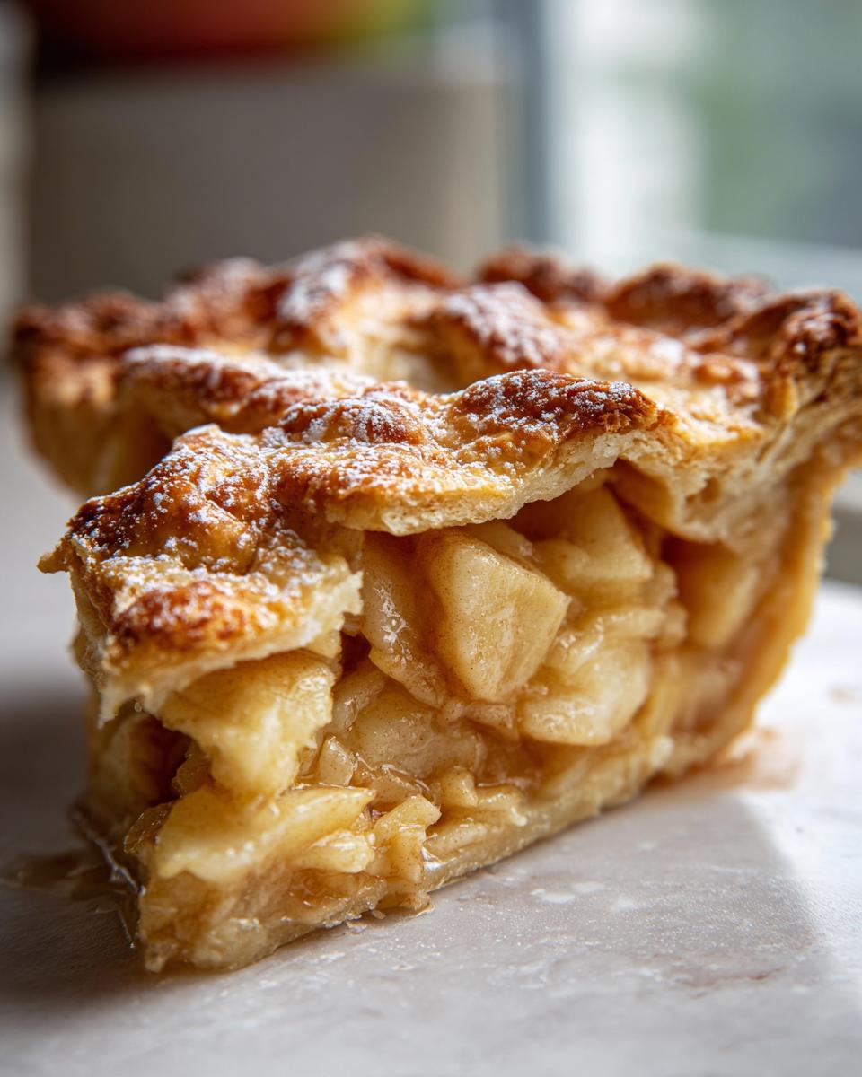 A close-up of a slice of delicious apple pie, showcasing its flaky crust and generous apple filling, dusted with powdered sugar.