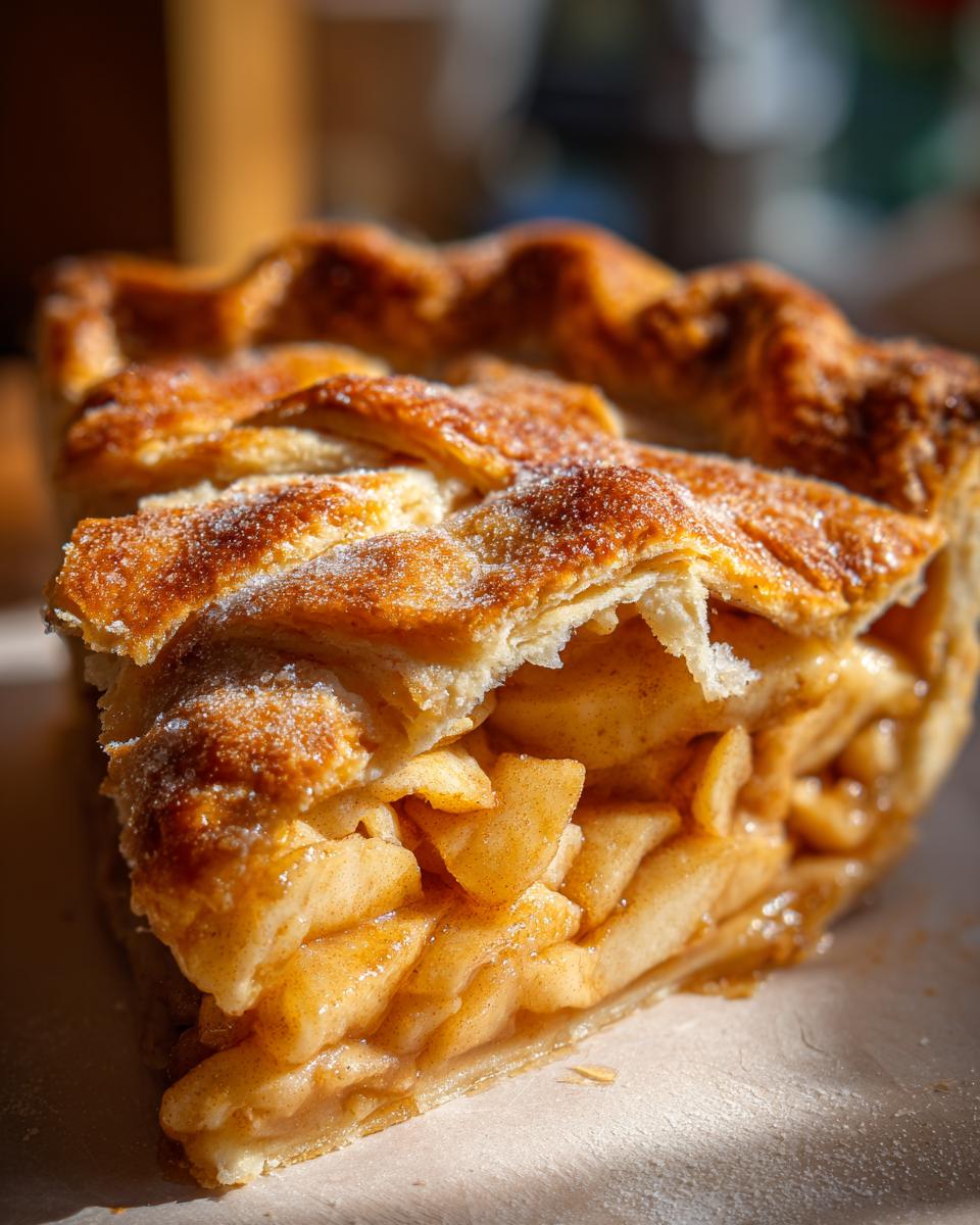 A close-up view of a slice of delicious apple pie, showcasing its flaky crust and generous apple filling.